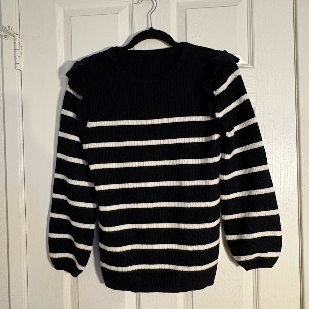 Women’s Black & White Striped Ruffle Shoulder Sweater | Size S